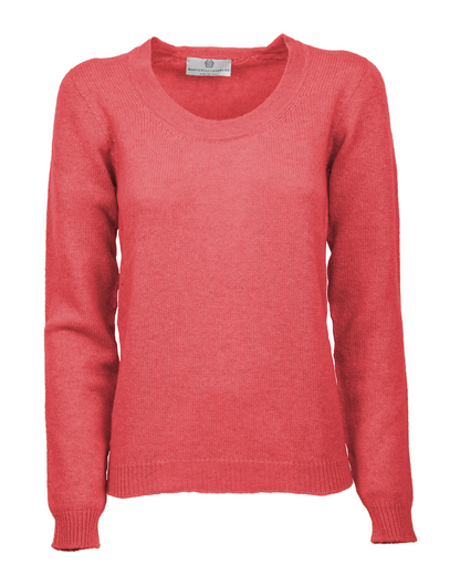 Coral red cashmere scoop-neck sweater displayed from the front