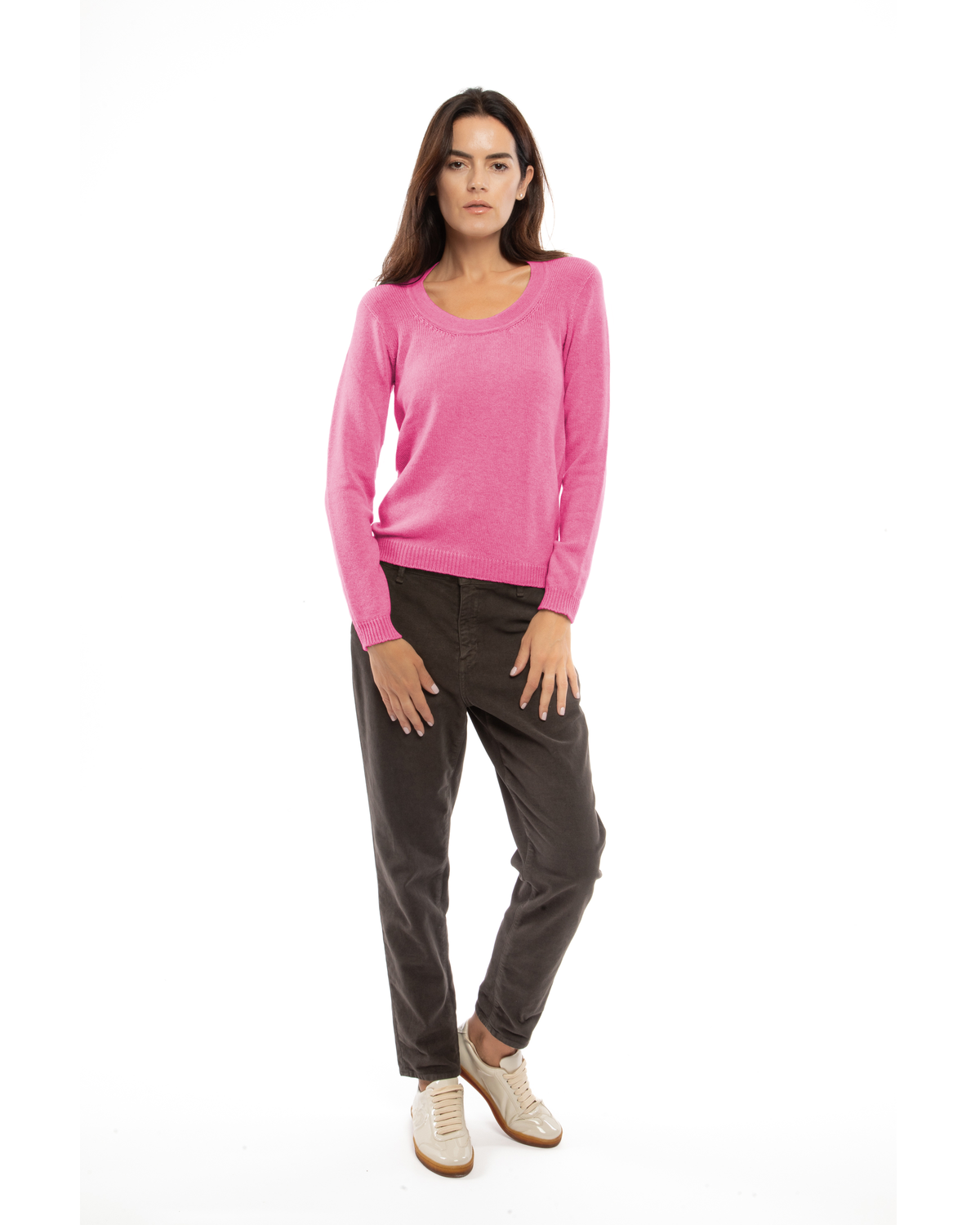 Model wearing the fuchsia cashmere scoop-neck sweater