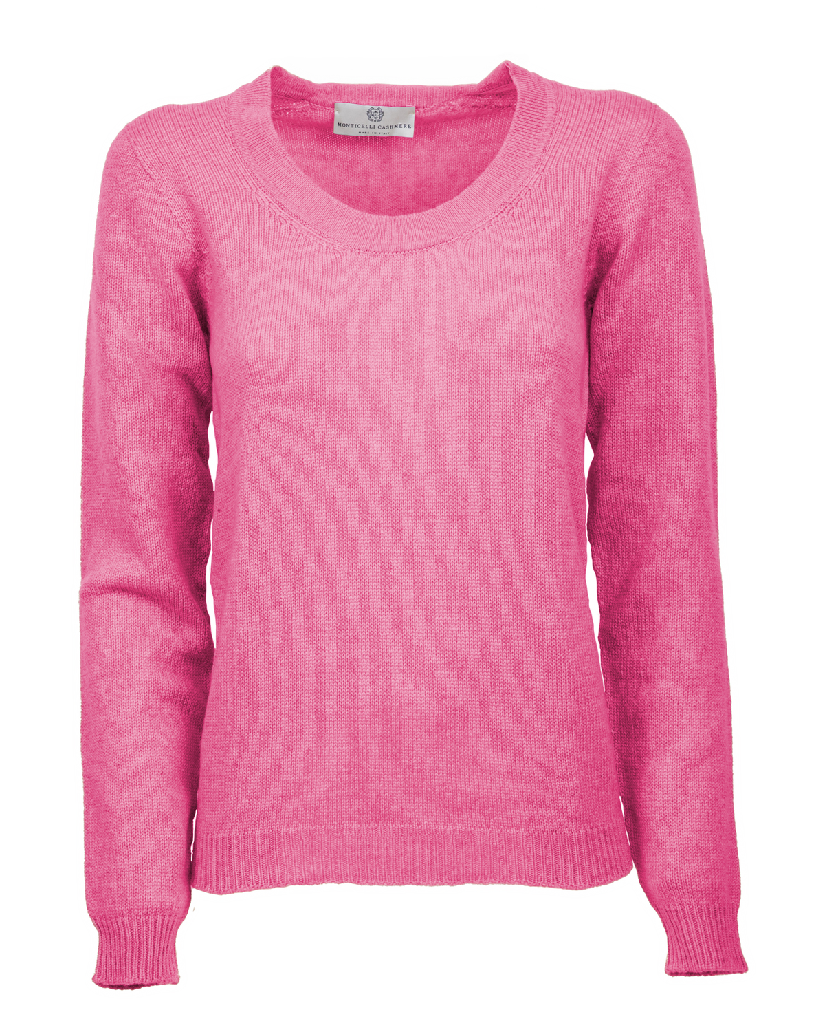 Fuchsia cashmere scoop-neck sweater, shown from the front.
