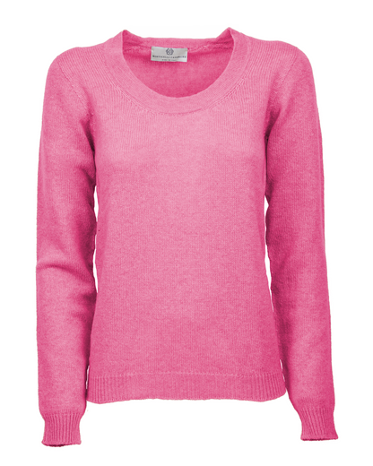 Fuchsia cashmere scoop-neck sweater, shown from the front.