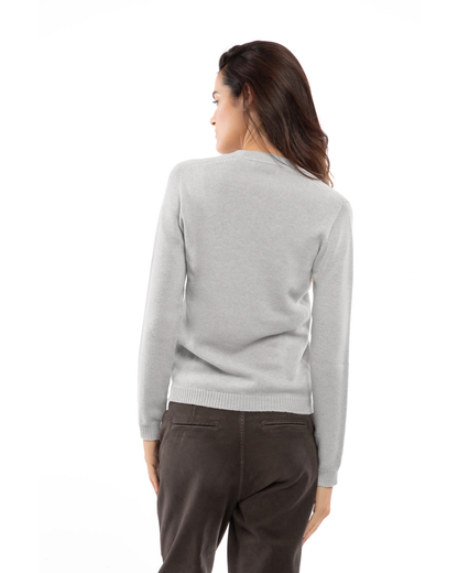 Light gray ultra-light cashmere scoop neck sweater, back view on a model.
