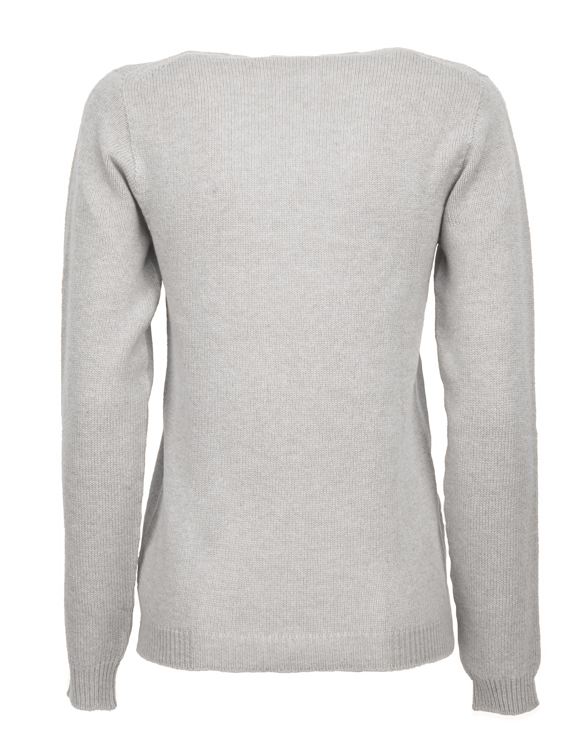 Back view of the light gray cashmere scoop-neck sweater