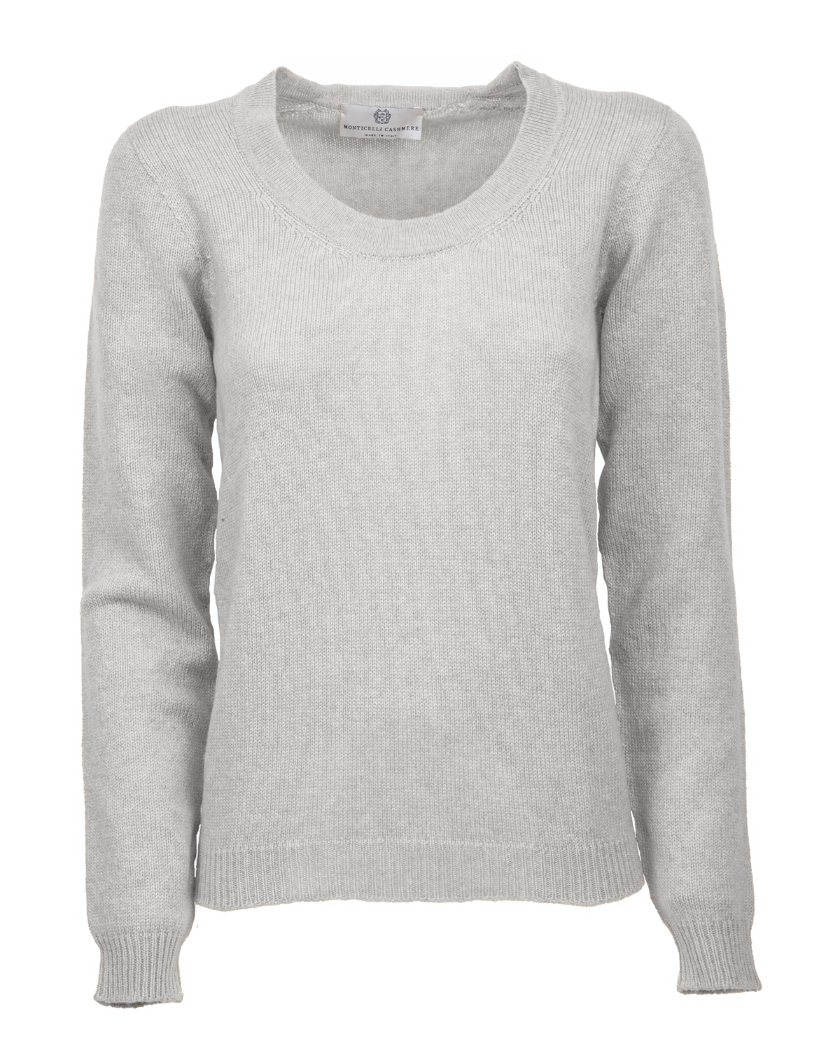 Light gray cashmere scoop-neck sweater, front view showing the neckline and long sleeves.