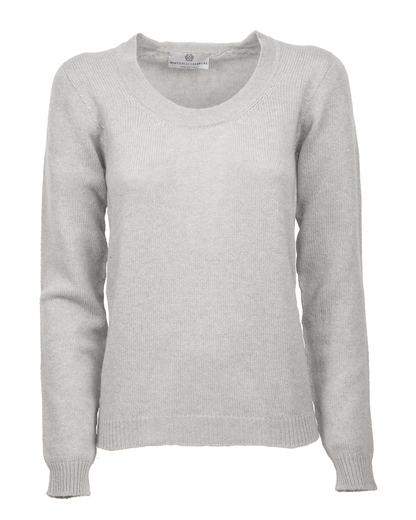 Light gray cashmere scoop-neck sweater, front view showing the neckline and long sleeves.