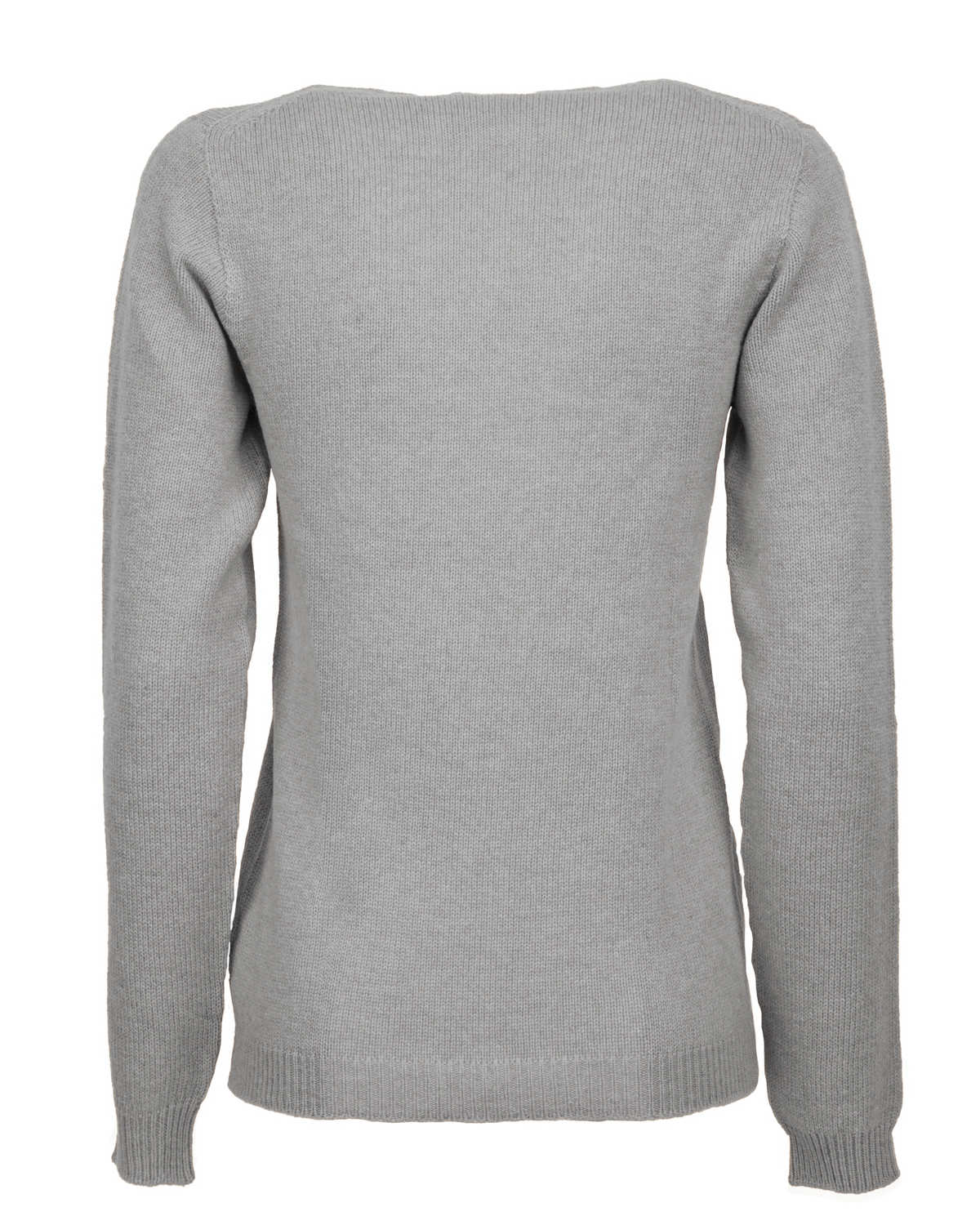 Melange gray ultra-light cashmere scoop neck sweater, back view.