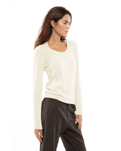 Side view of the milk white cashmere scoop-neck sweater