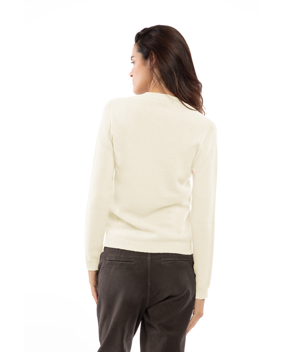 Milk white cashmere scoop neck, back view on a model