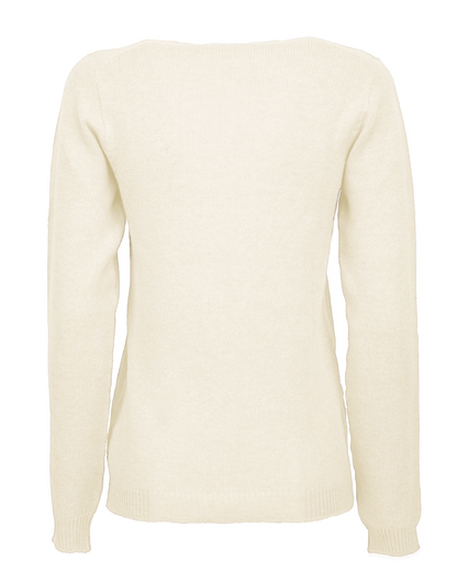 Milk white cashmere scoop-neck sweater, back view with long sleeves.