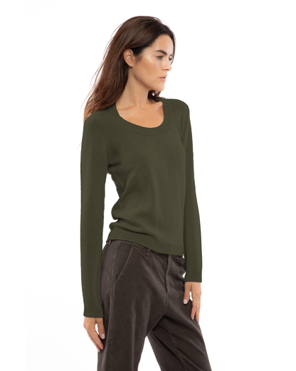 Women's Ultra-Light Pure Cashmere Scoop Neck Olive Green — view 3