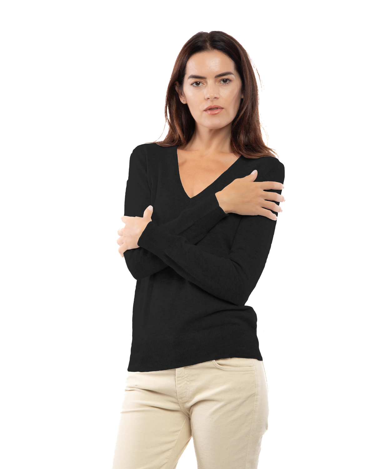 Women's cashmere V-neck sweater in Black, front portrait view on model