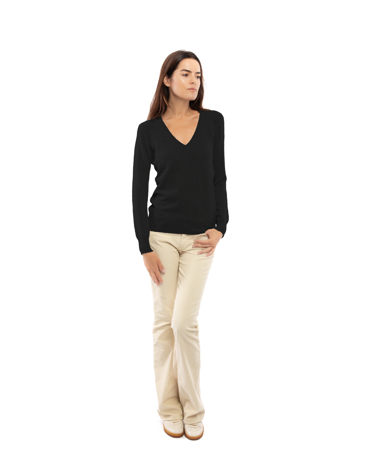 Women's cashmere V-neck sweater in Black, full-length front view on model