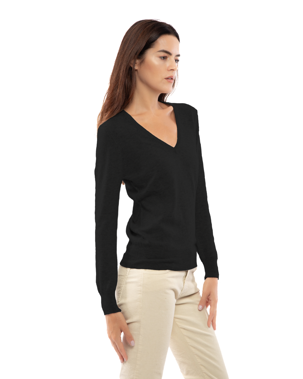 Women's cashmere V-neck sweater in Black, three-quarter front view on model