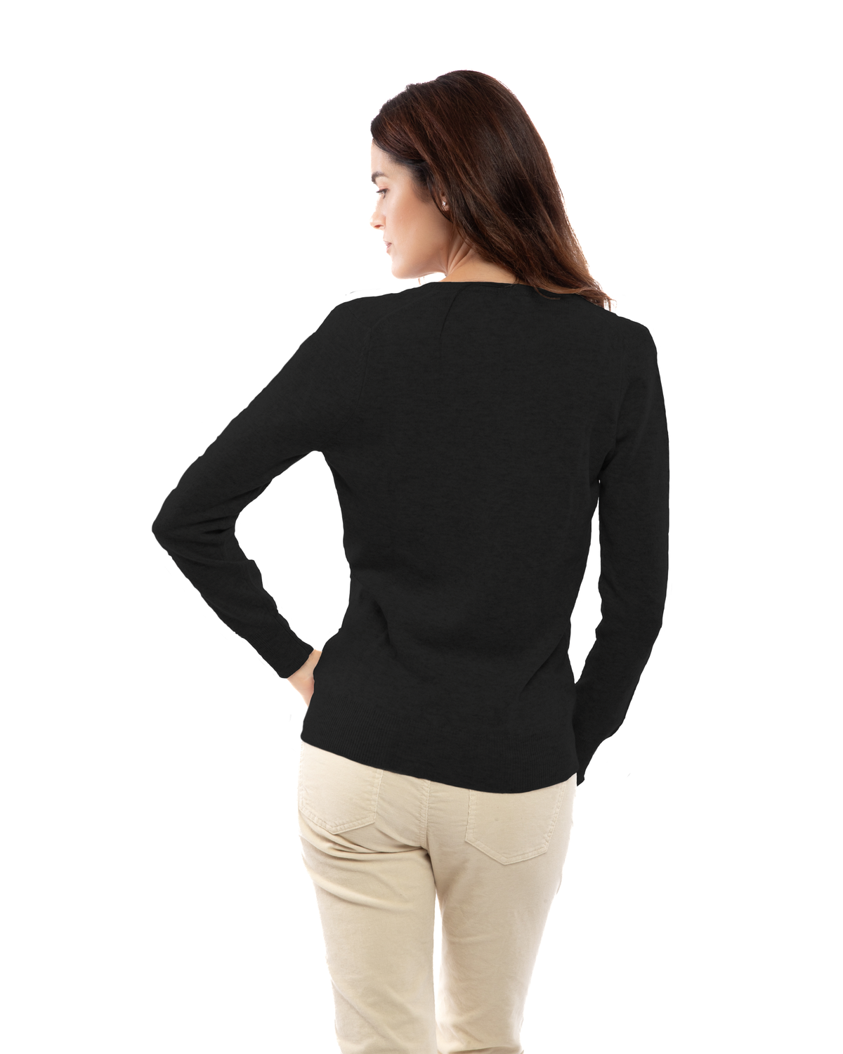 Women's cashmere V-neck sweater in Black, back view on model
