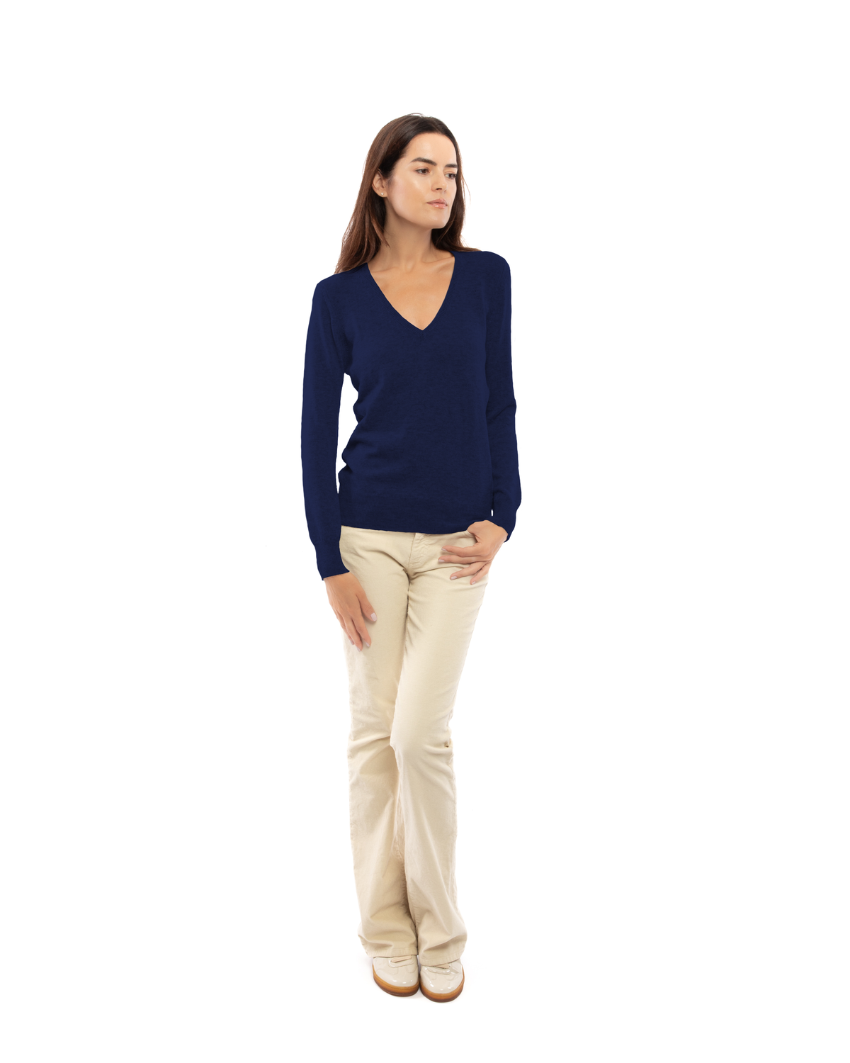 Women's cashmere V-neck sweater in Blue, full-length front view on model