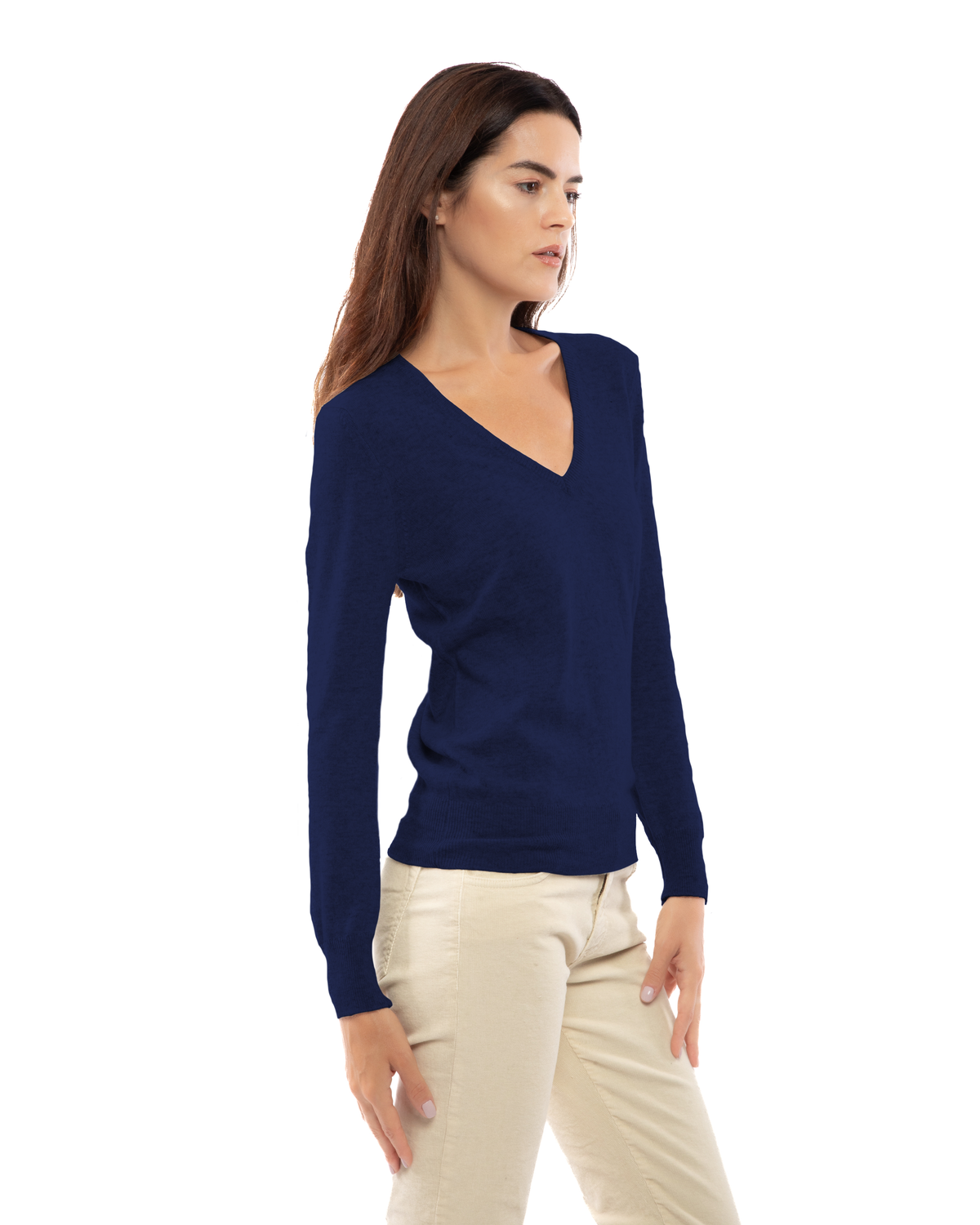 Women's cashmere V-neck sweater in Blue, three-quarter front view on model