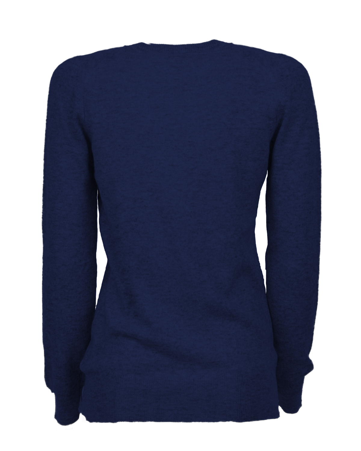 Women's cashmere V-neck sweater in Blue, back garment view showing the ribbed hem and cuffs