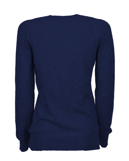 Women's cashmere V-neck sweater in Blue, back garment view showing the ribbed hem and cuffs