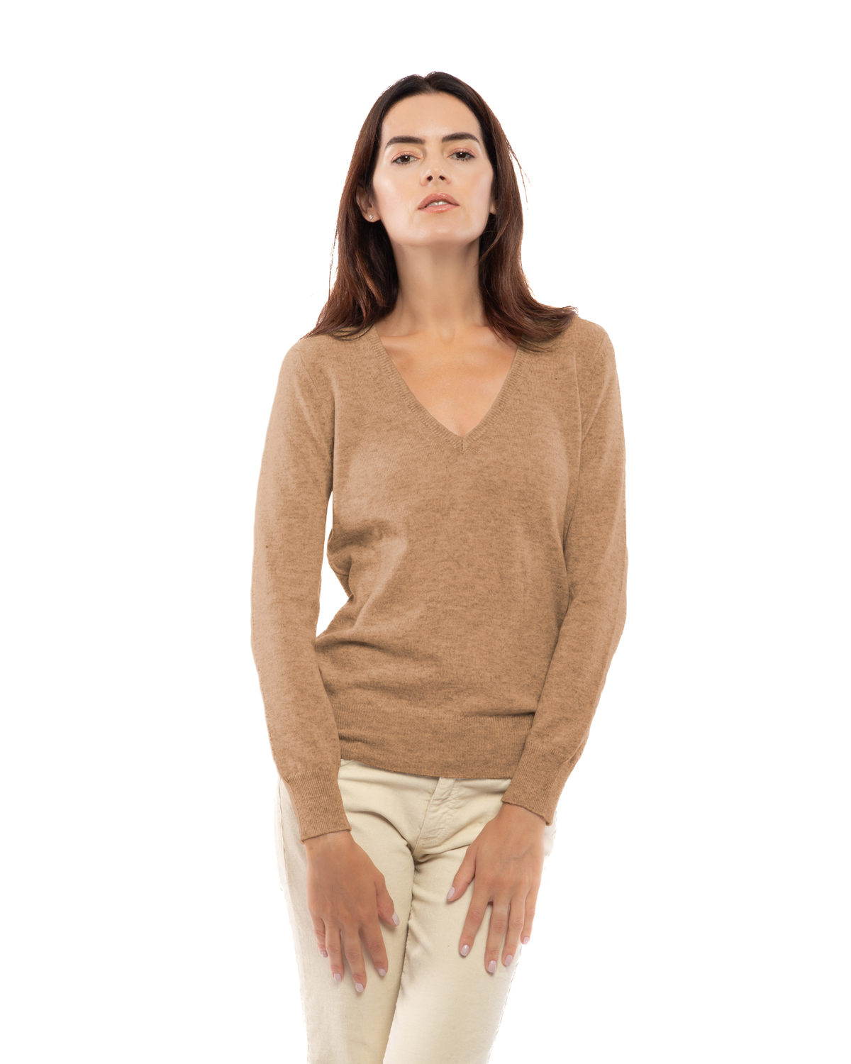Women's cashmere V-neck sweater in Camel, front portrait view on model
