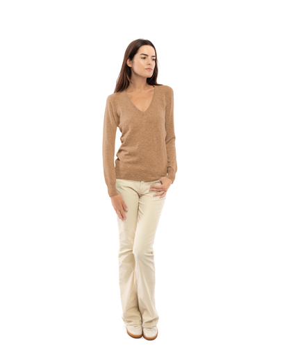 Women's cashmere V-neck sweater in Camel, full-length front view on model