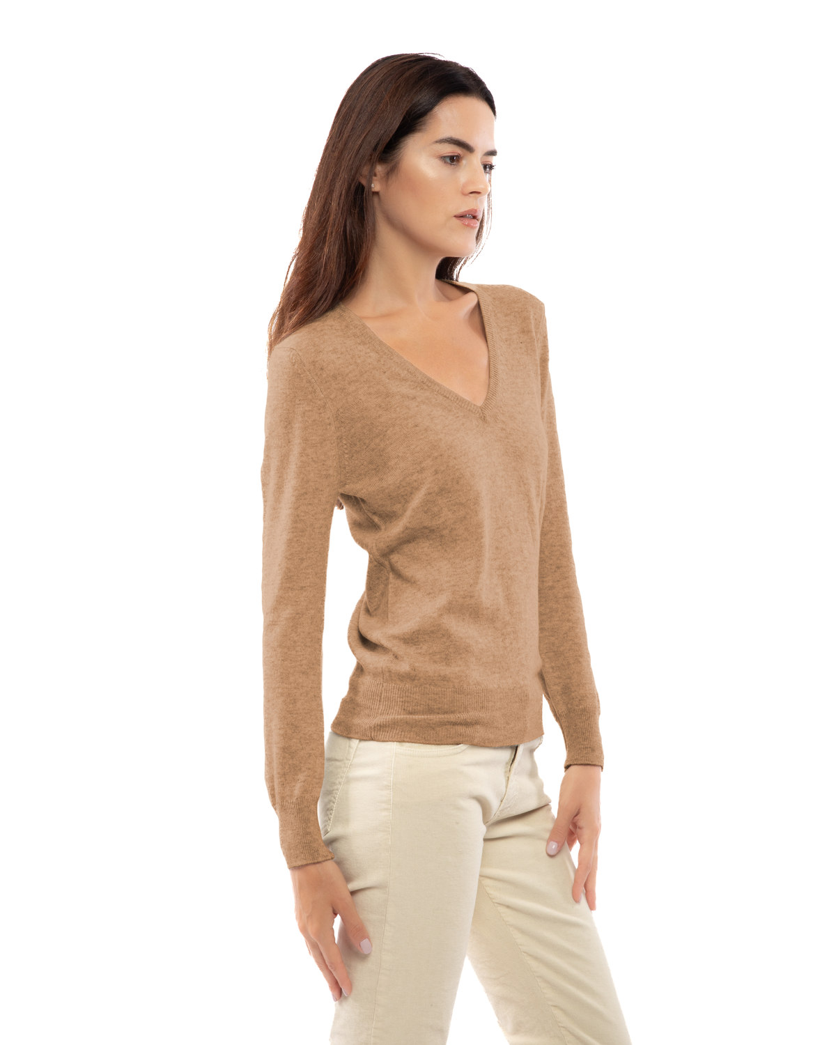 Women's cashmere V-neck sweater in Camel, three-quarter front view on model