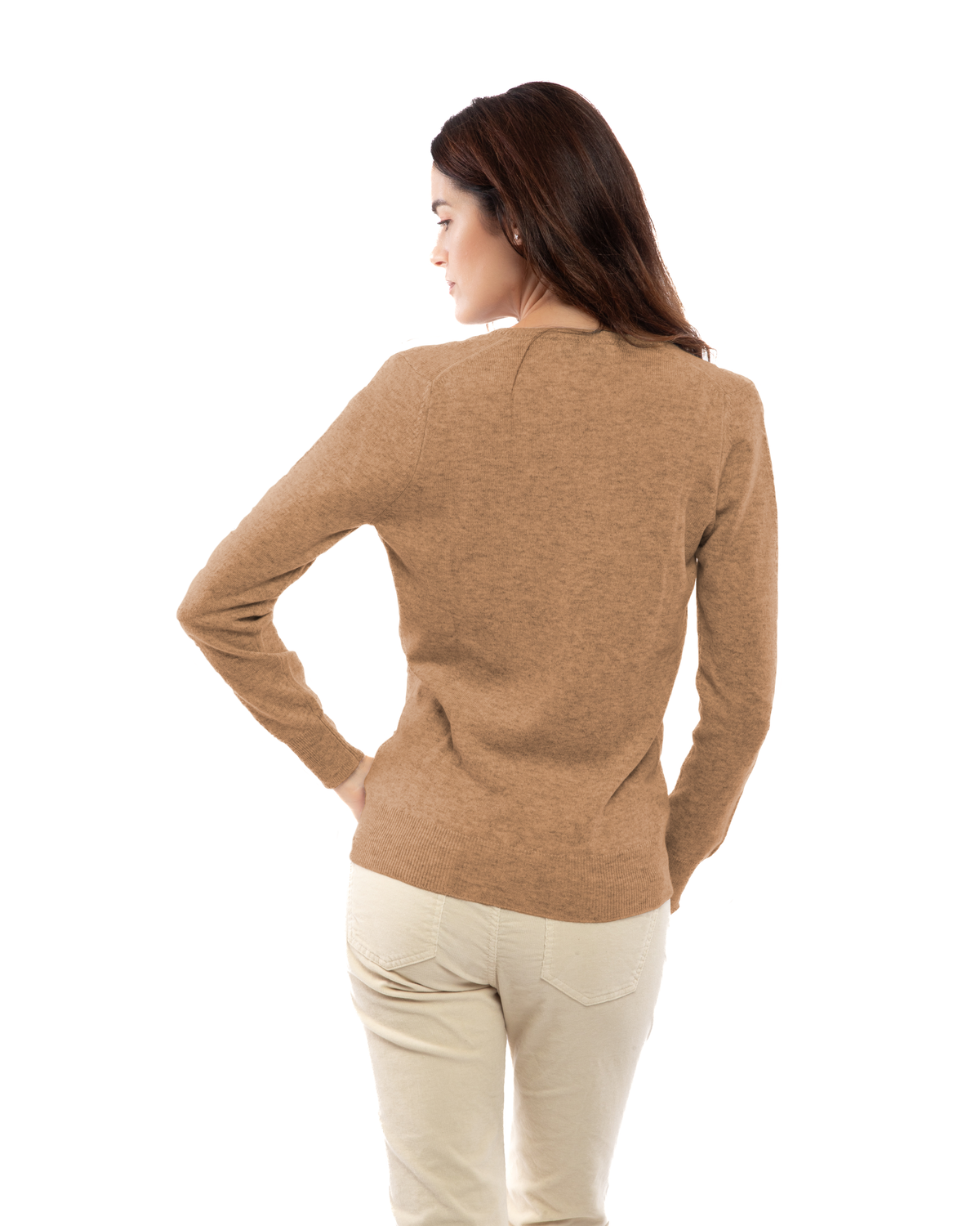 Women's cashmere V-neck sweater in Camel, back view on model