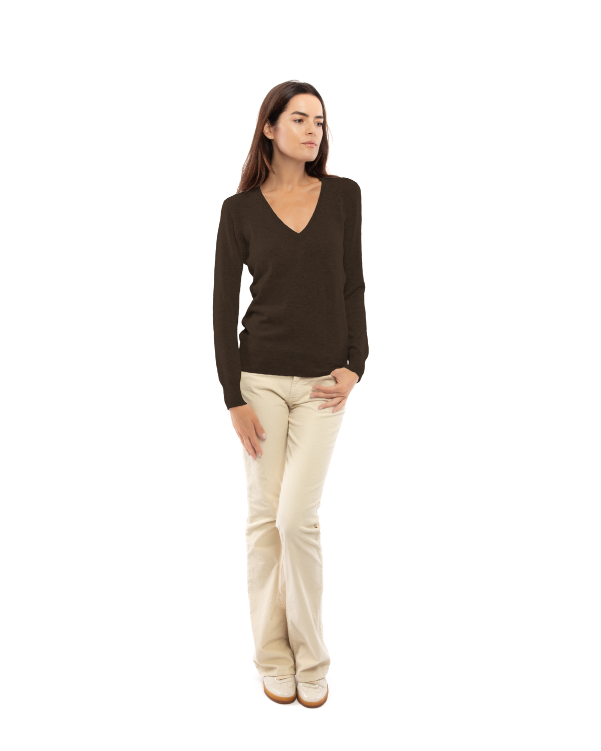 Women's cashmere V-neck sweater in Coffee, full-length front view on model