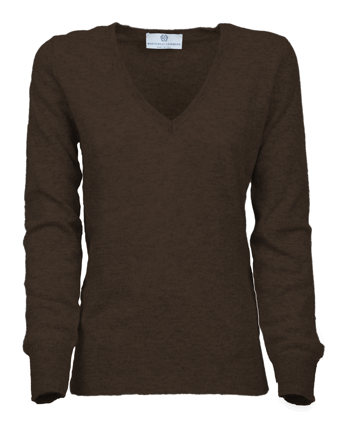 Women's cashmere V-neck sweater in Coffee, front garment view showing the V-neck and long sleeves
