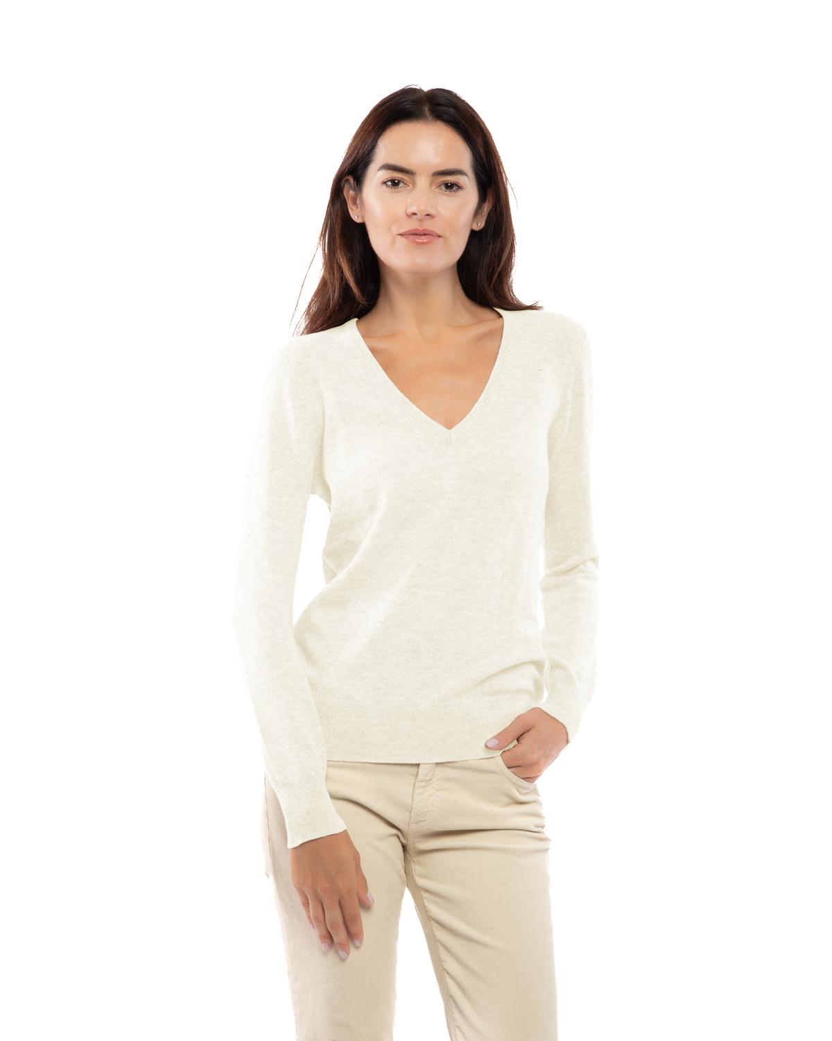 Women's cashmere V-neck sweater in Milk White, front portrait view on model