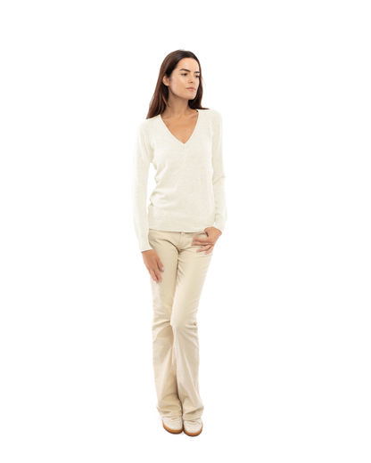 Women's cashmere V-neck sweater in Milk White, full-length front view on model