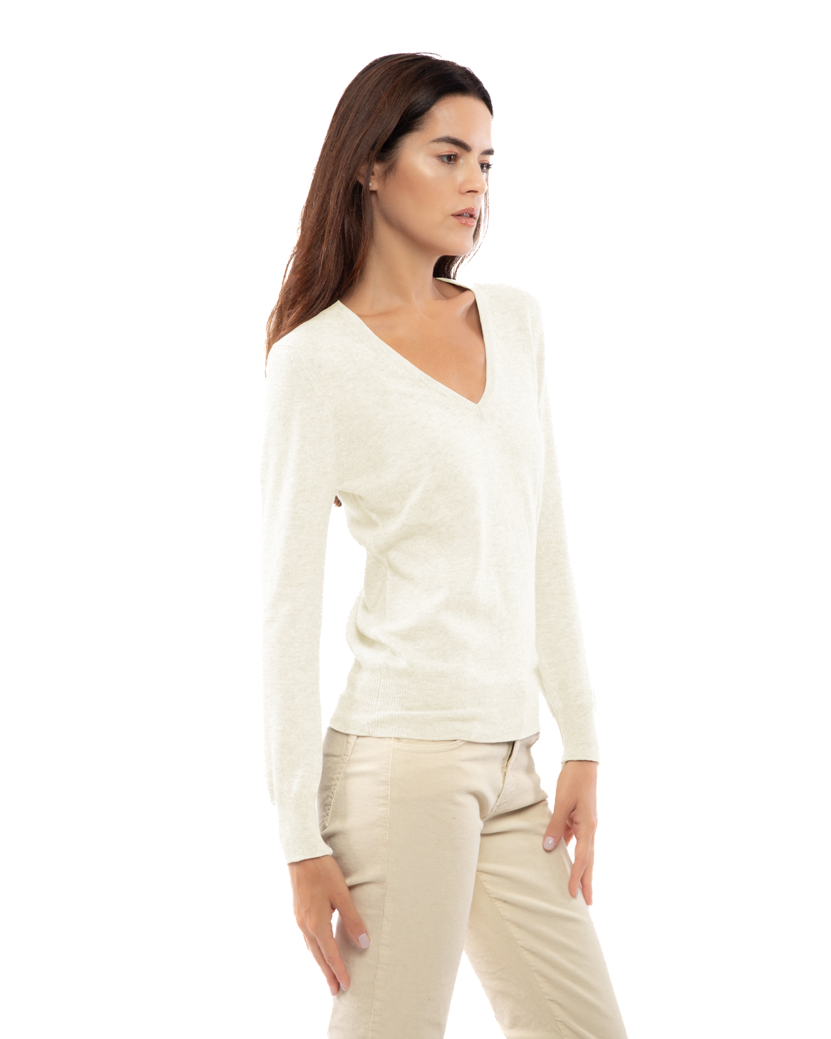 Women's cashmere V-neck sweater in Milk White, three-quarter front view on model