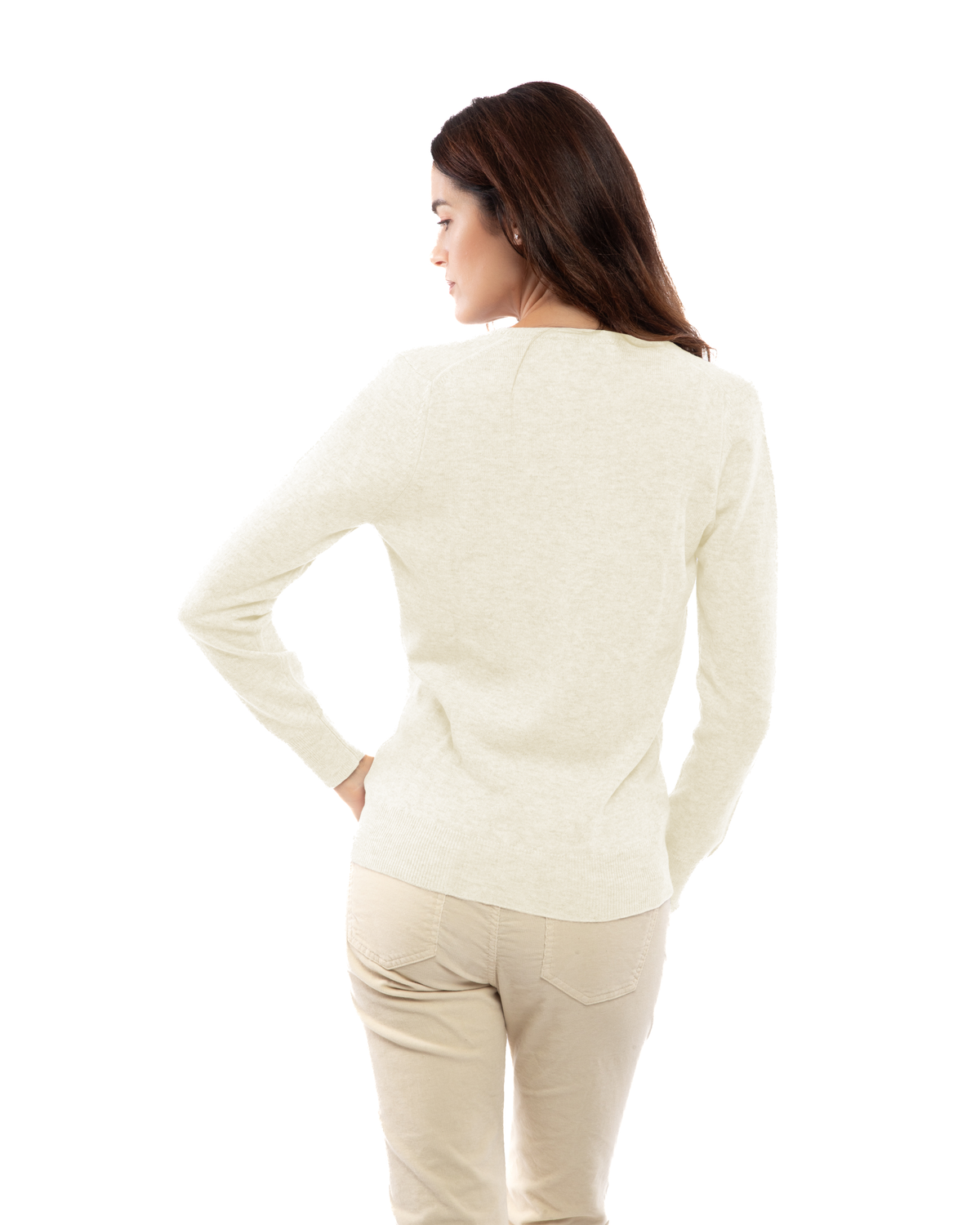 Women's cashmere V-neck sweater in Milk White, back view on model