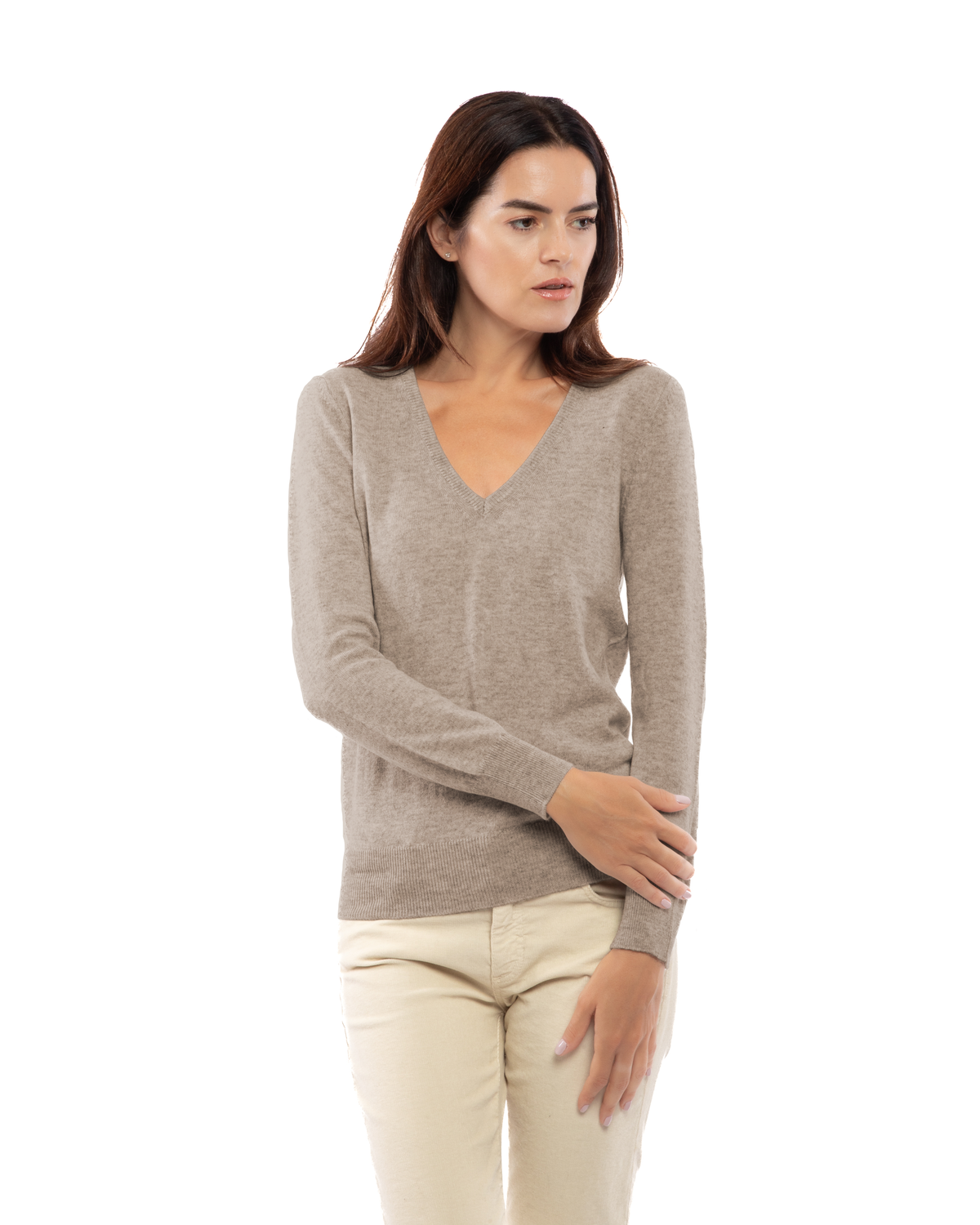 Women's cashmere V-neck sweater in Taupe, front portrait view on model