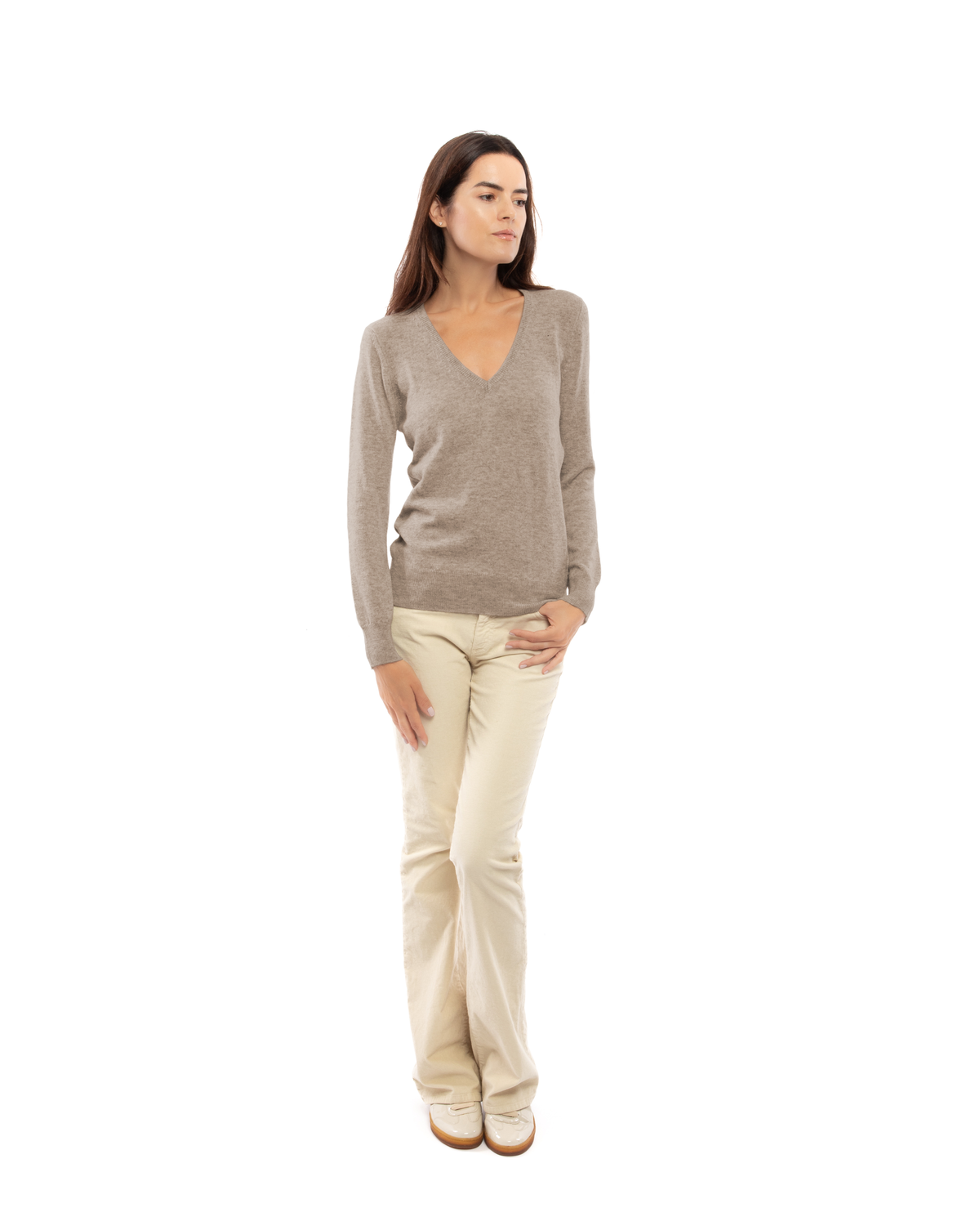 Women's cashmere V-neck sweater in Taupe, full-length front view on model