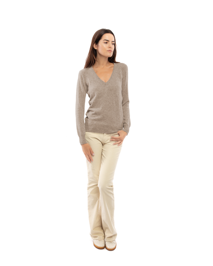 Women's cashmere V-neck sweater in Taupe, full-length front view on model
