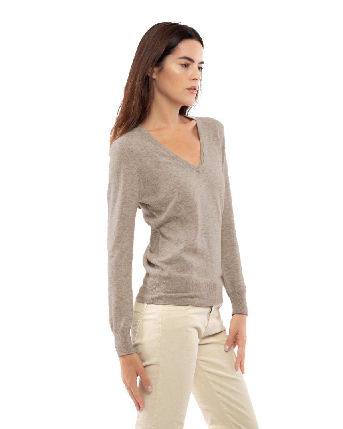 Women's cashmere V-neck sweater in Taupe, three-quarter front view on model
