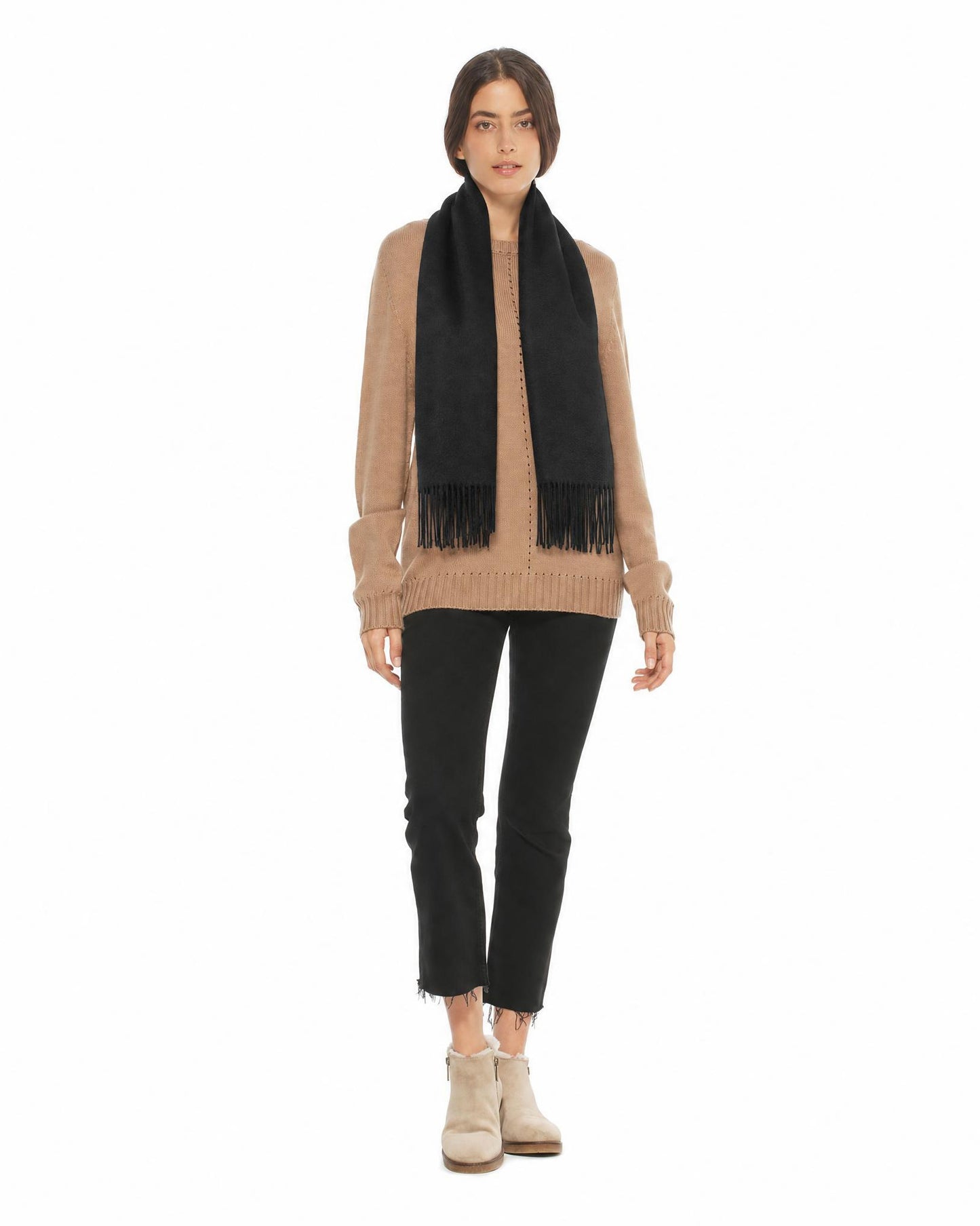 Essential Pure Cashmere Woven Scarf With Fringes Black