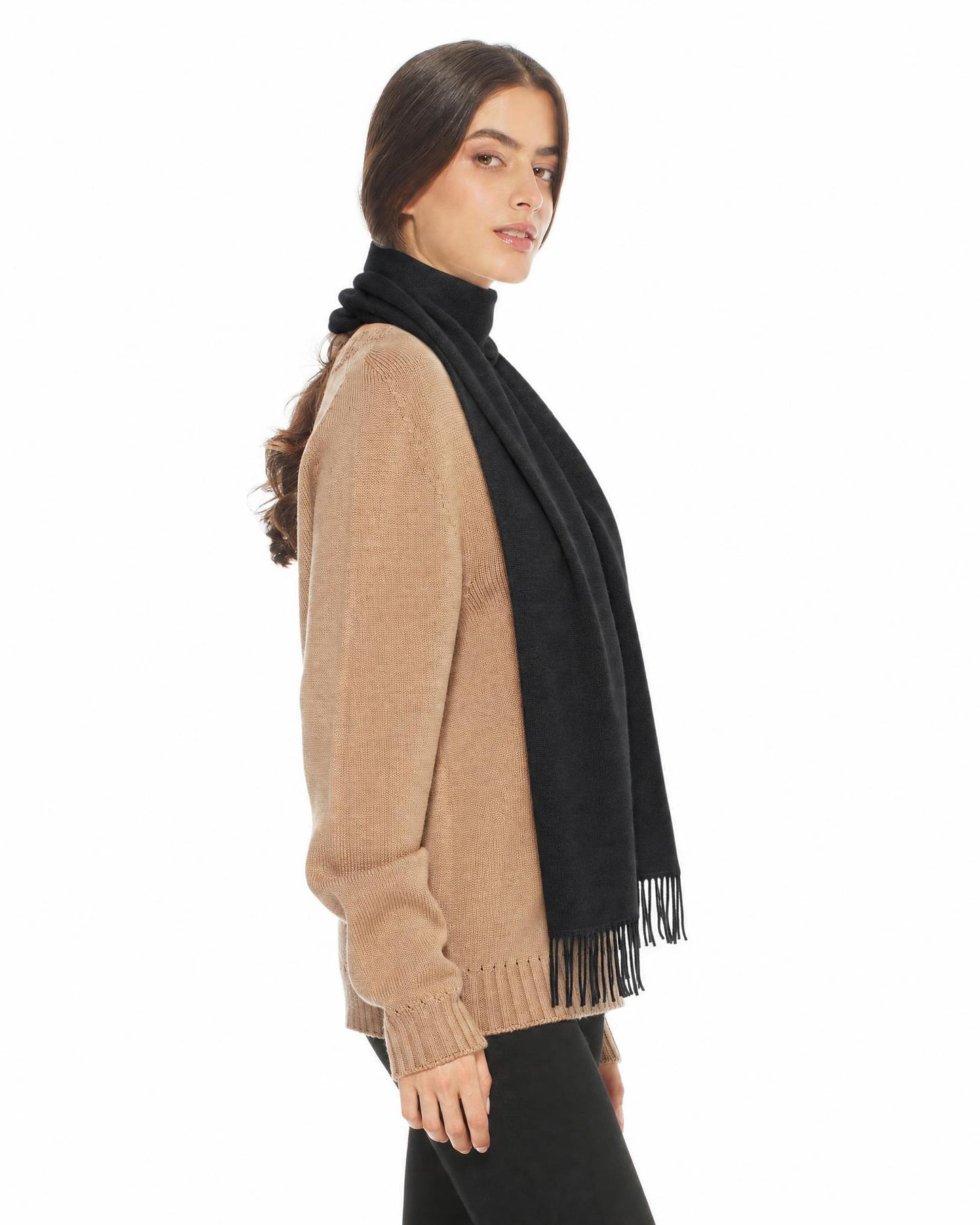 Essential Pure Cashmere Woven Scarf With Fringes Black
