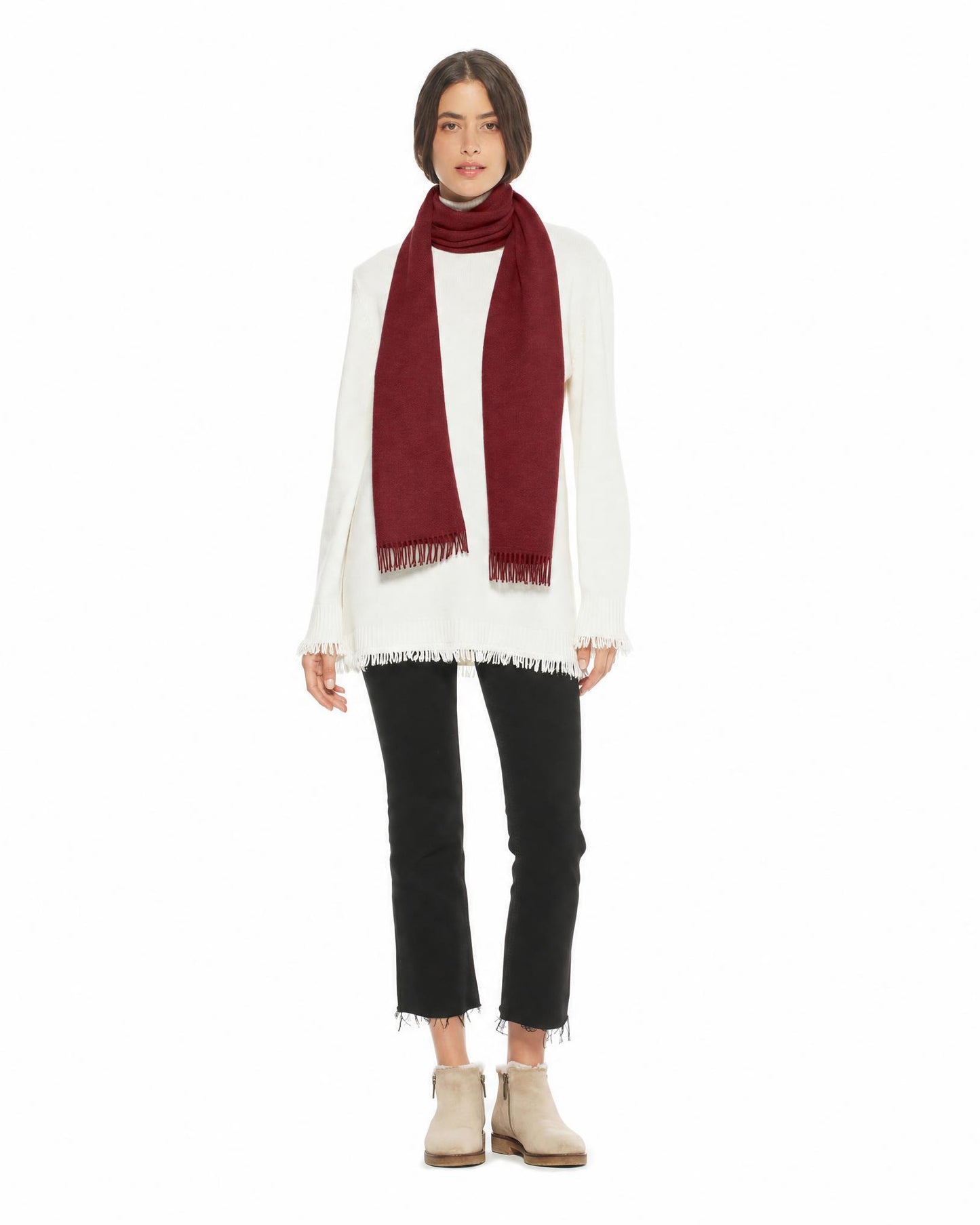 Essential Pure Cashmere Woven Scarf With Fringes Bordeaux