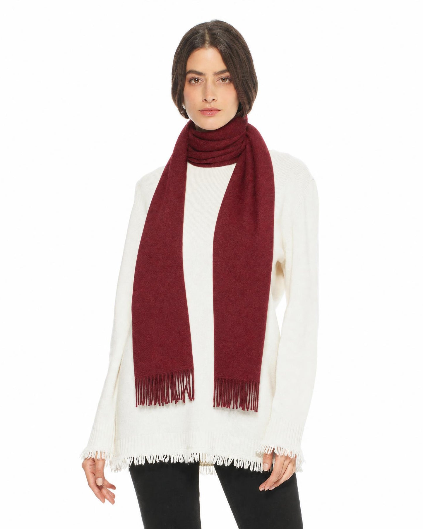 Essential Pure Cashmere Woven Scarf With Fringes Bordeaux