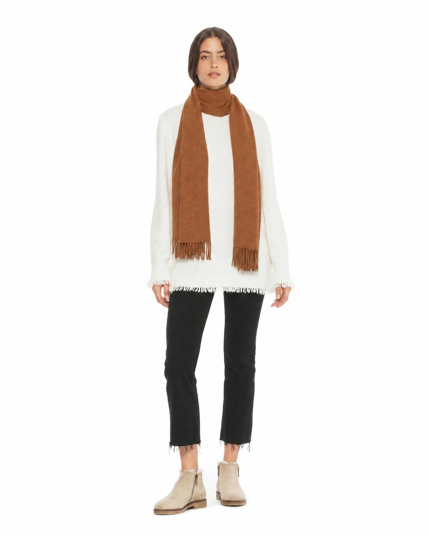 Essential Pure Cashmere Woven Scarf With Fringes Brown