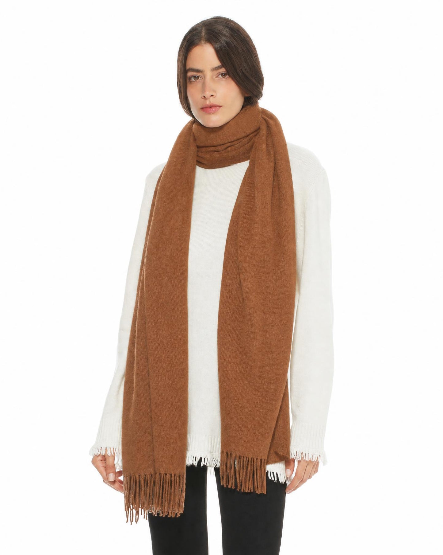 Essential Pure Cashmere Woven Scarf With Fringes Brown