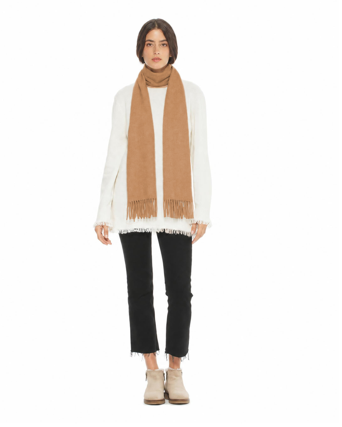 Essential Pure Cashmere Woven Scarf With Fringes Camel