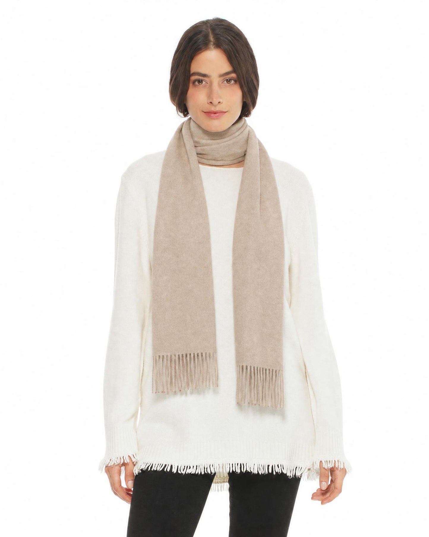 Essential Pure Cashmere Woven Scarf With Fringes Beige
