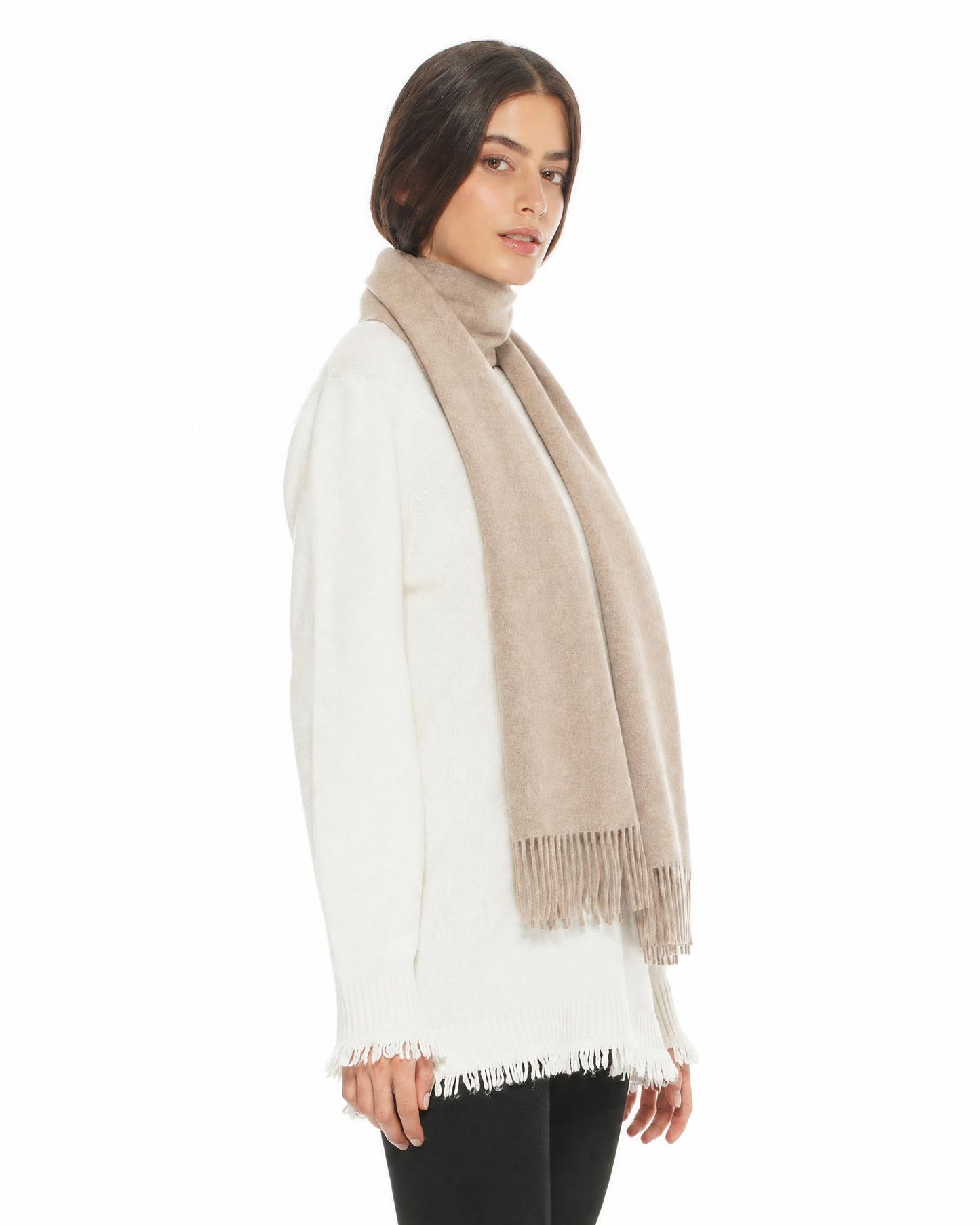 Essential Pure Cashmere Woven Scarf With Fringes Beige