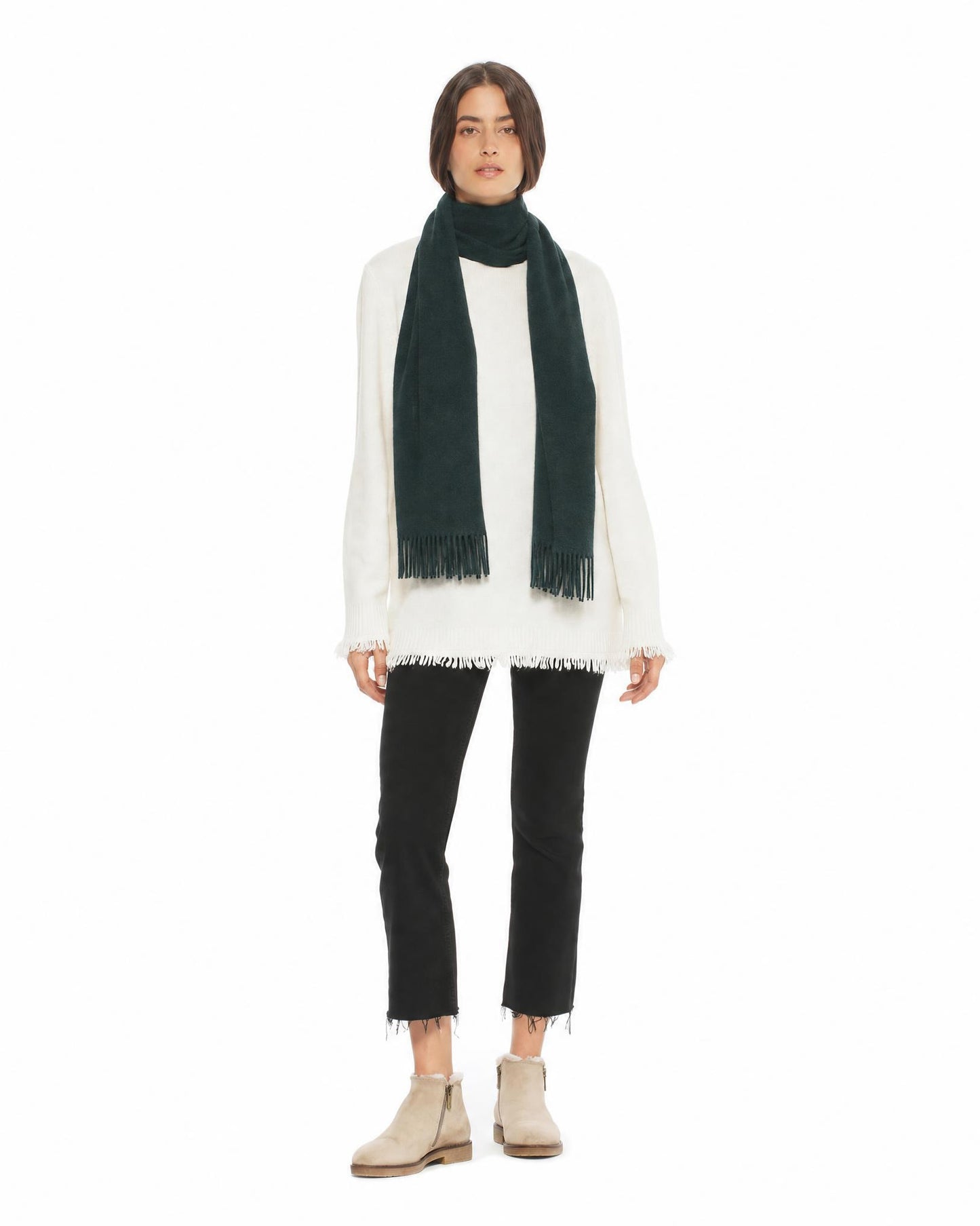 Essential Pure Cashmere Woven Scarf With Fringes Green