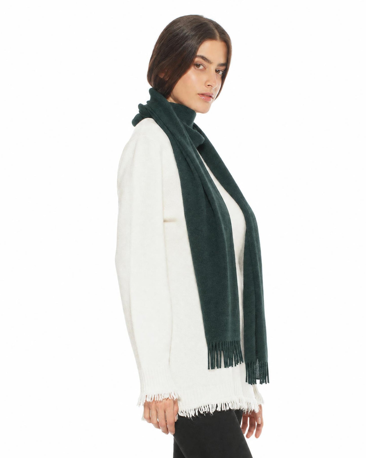 Essential Pure Cashmere Woven Scarf With Fringes Green