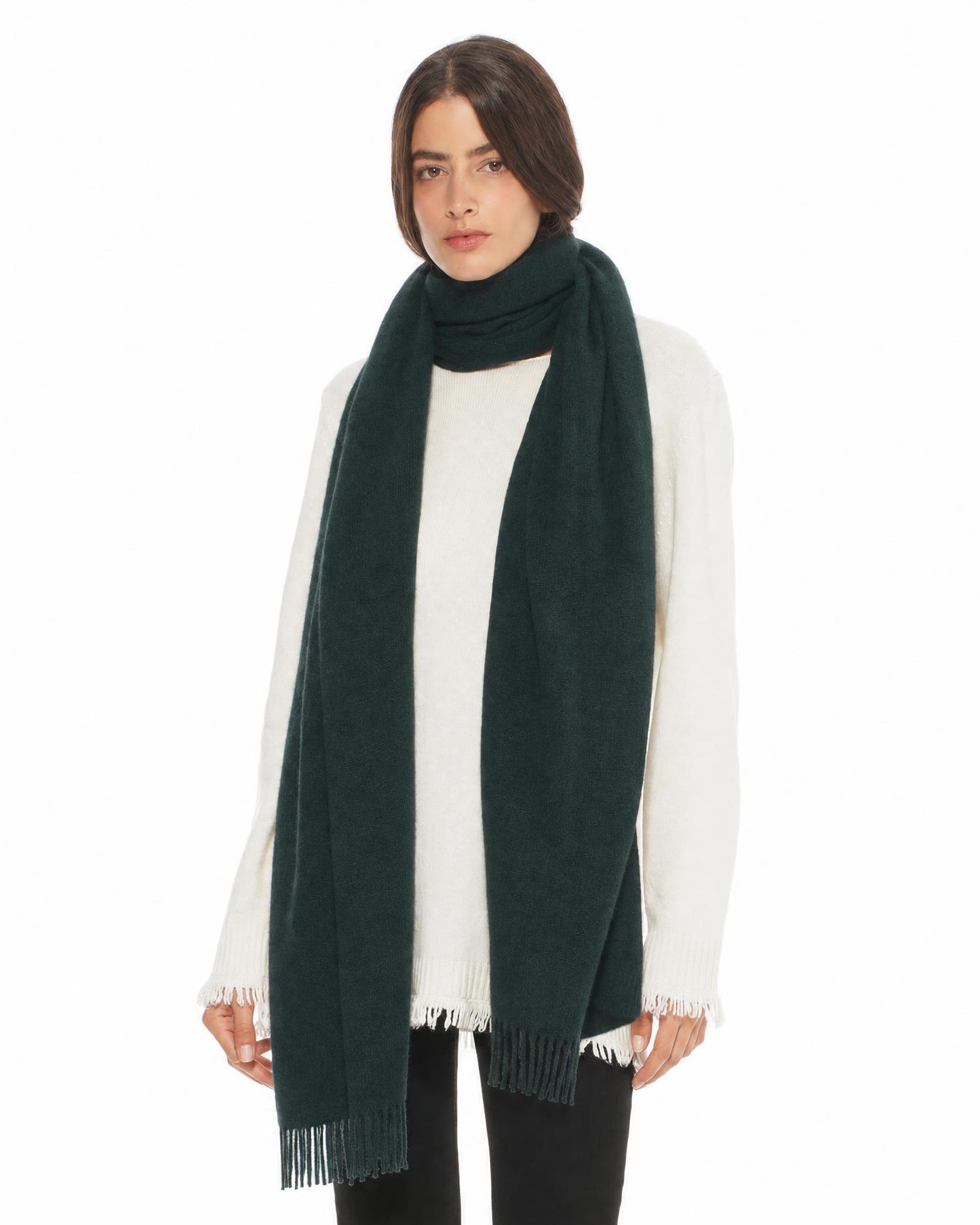 Essential Pure Cashmere Woven Scarf With Fringes Green