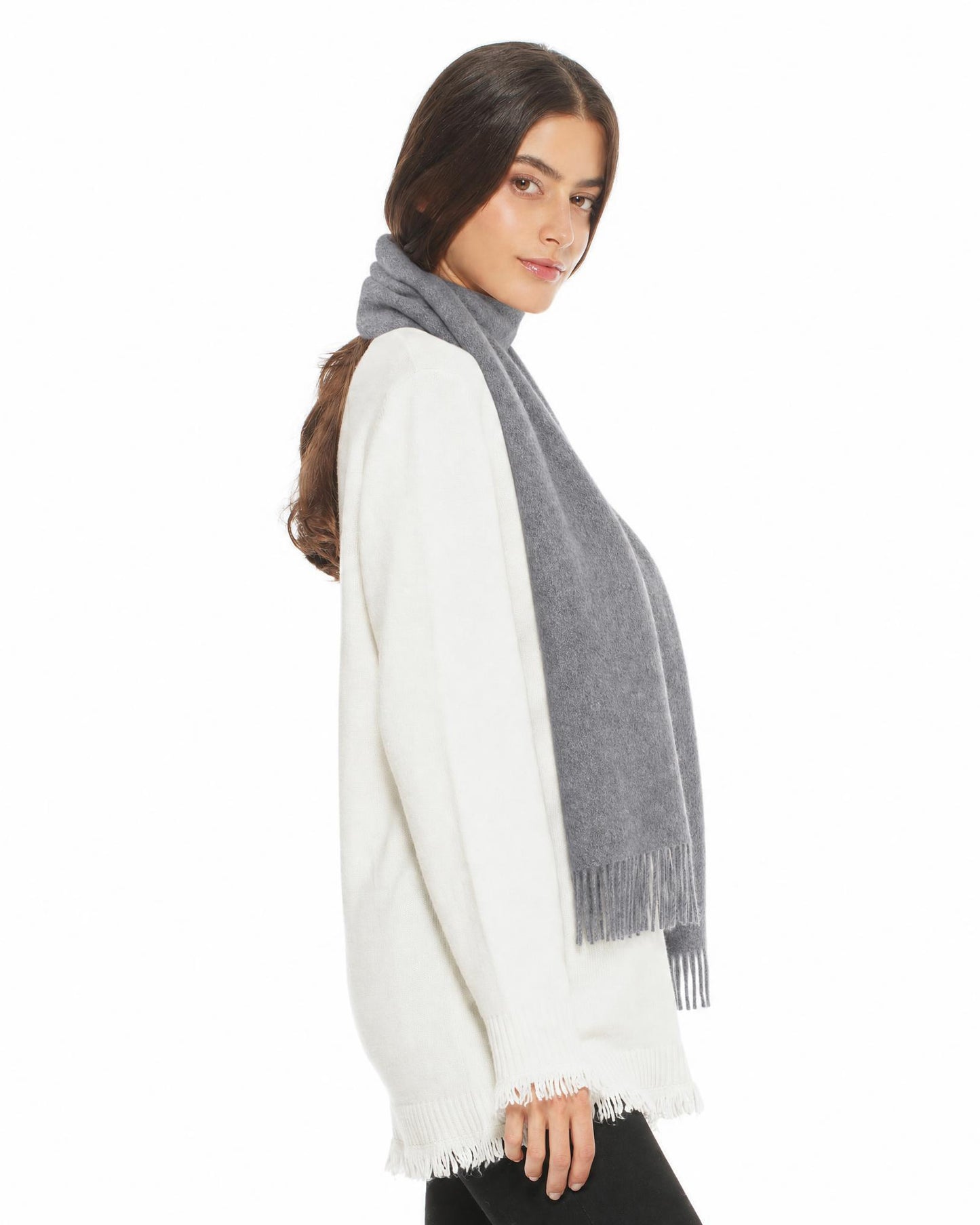 Essential Pure Cashmere Woven Scarf With Fringes Grey