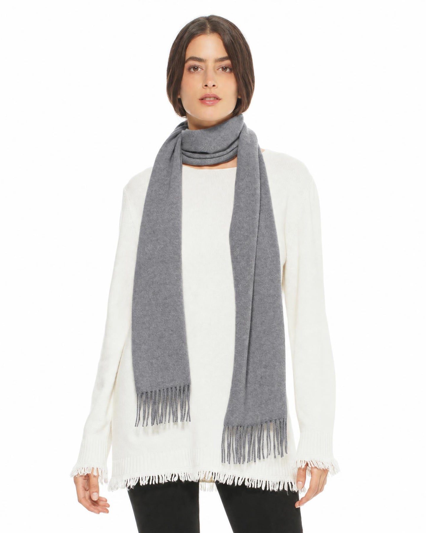 Essential Pure Cashmere Woven Scarf With Fringes Grey