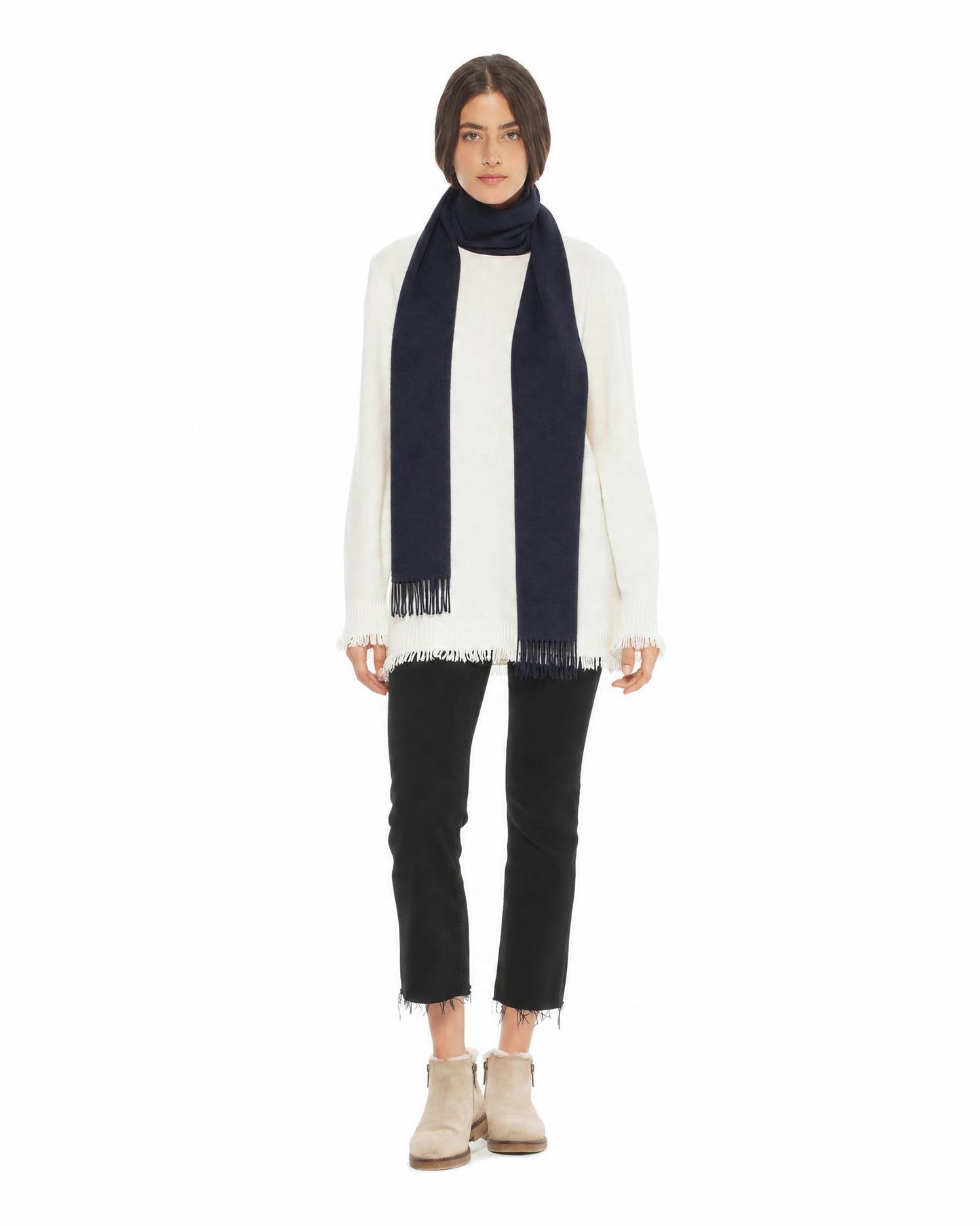 Essential Pure Cashmere Woven Scarf With Fringes Night Blue